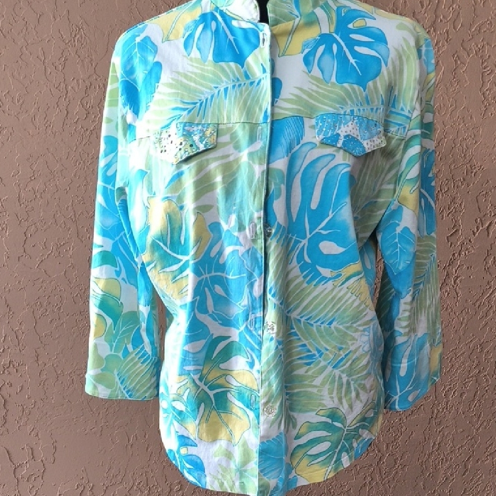 Sea Suns Vintage Women's Tropical Print Button-Up 3/4 Sleeves Shirt Size Medium